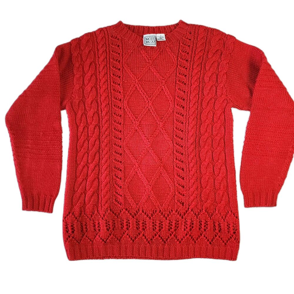 Vintage Original Russ Sport Company Red Wool Blend Cable Knit Sweater Size S